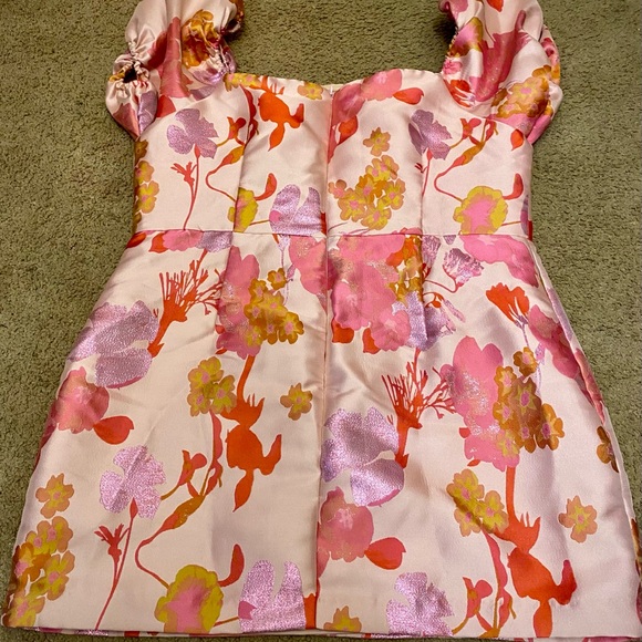 Lulus So Stunning Pink & Orange Multi Floral Jacquard Puff Sleeve Mini Dress XXL - Picture 5 of 8